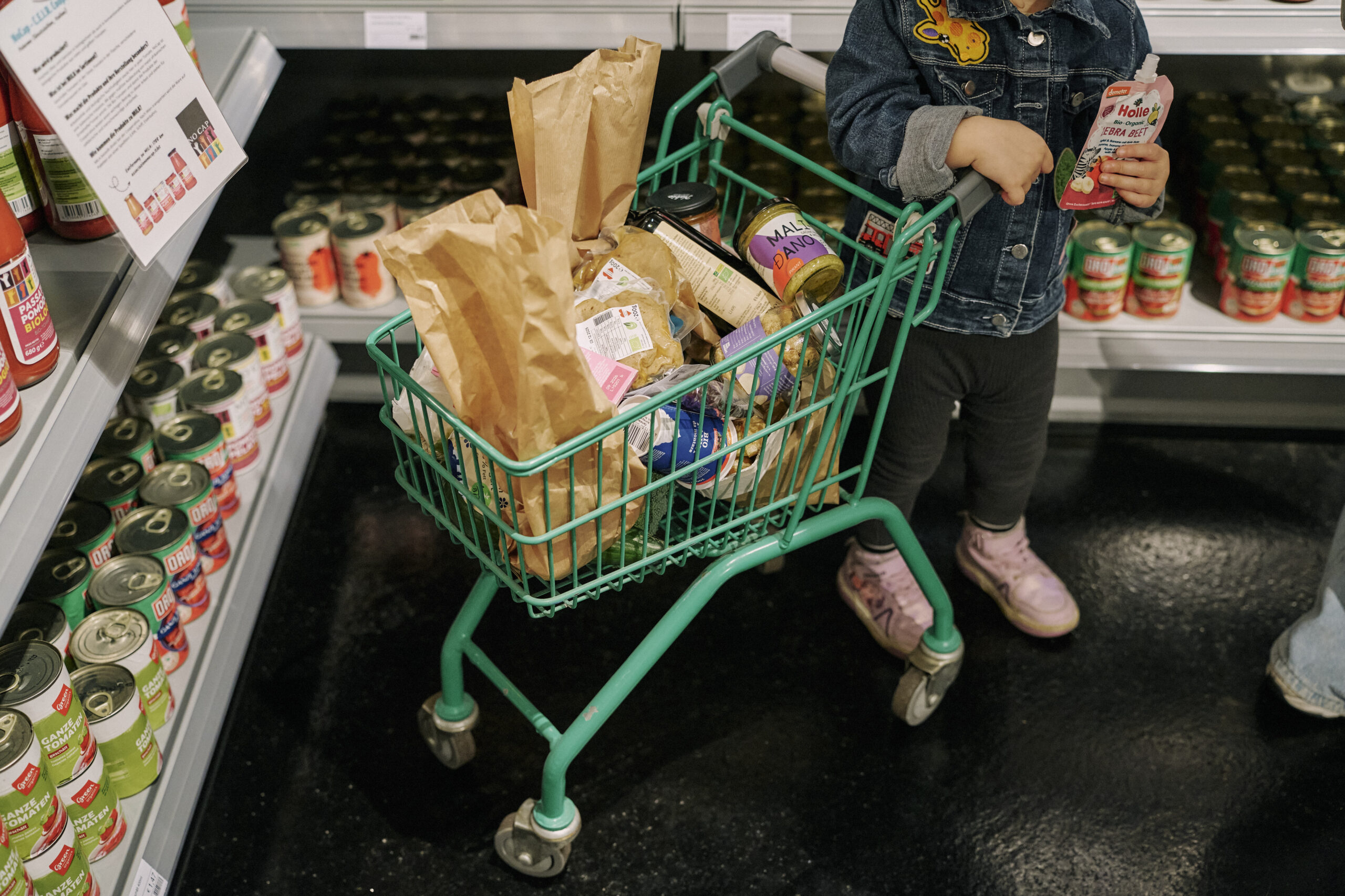 Kind mit kleinem gefüllten Einkaufswagen